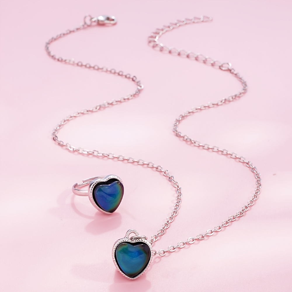2pc Thermochromic Heart Pendant Necklace and Ring Set